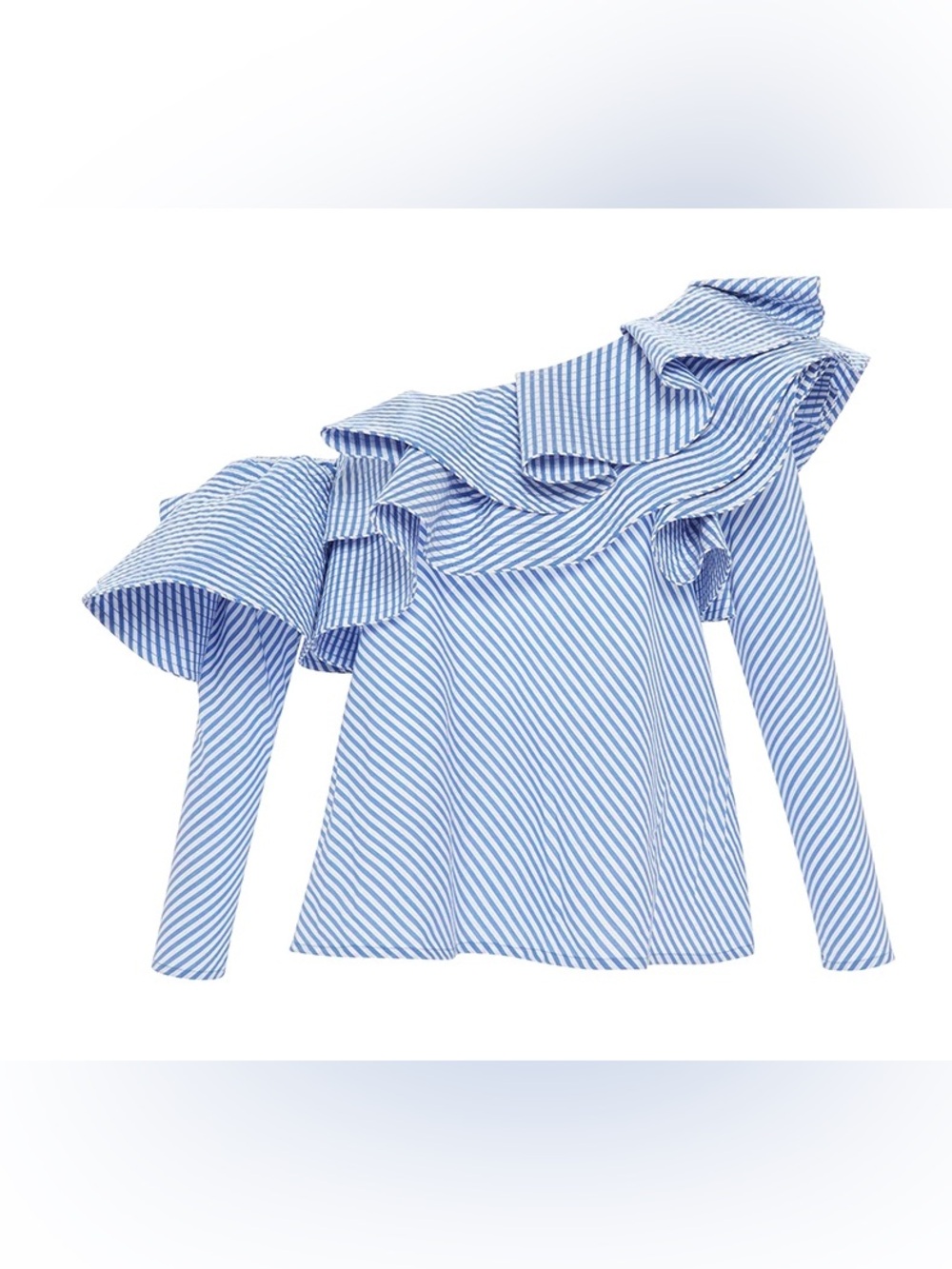 Johanna Ortiz Blue and White Striped One-Shoulder Ruffle Top